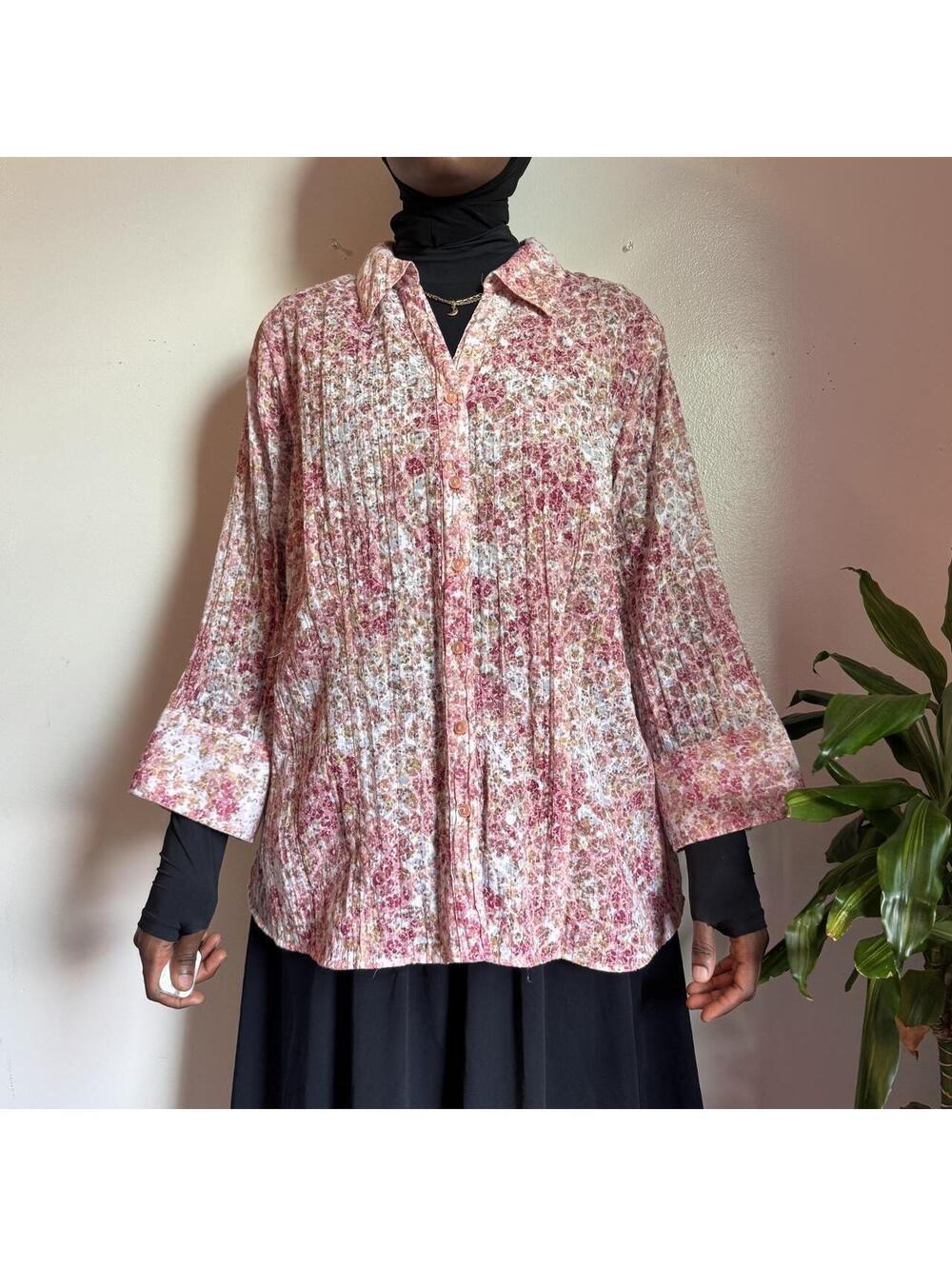 JM Collection Floral rose pink Crinkle Button Down Shirt 22W